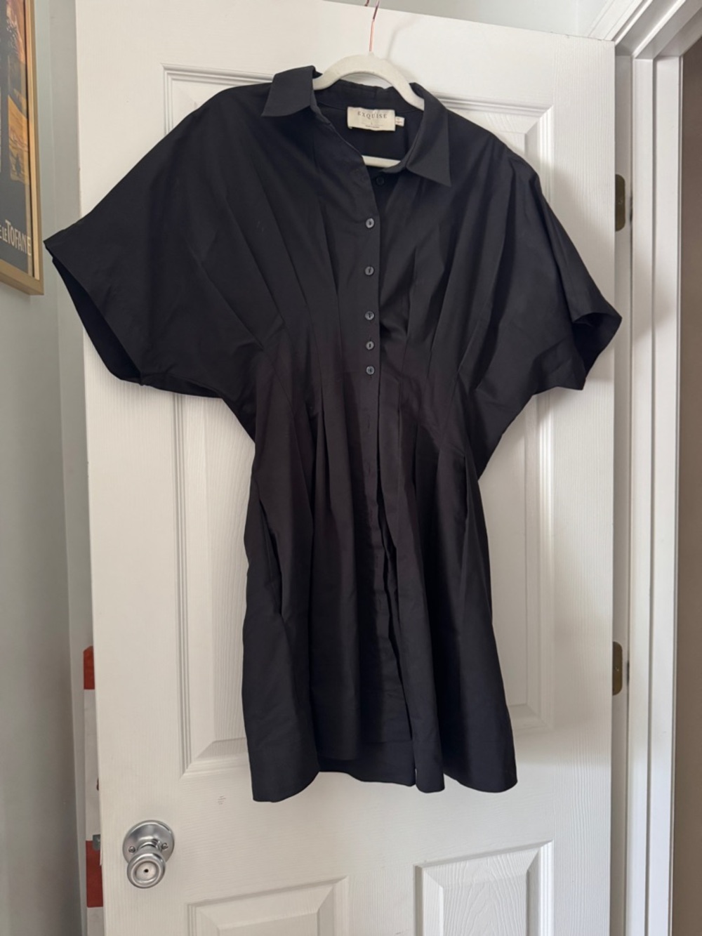 Black Button-Front Short Sleeve Shirt Dress